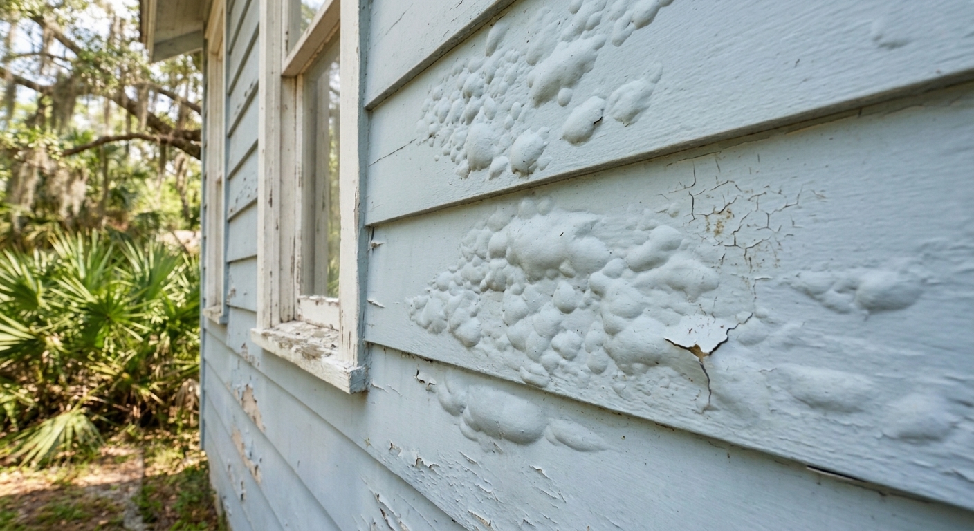 Peeling exterior paint on a Gainesville home showing weather damage