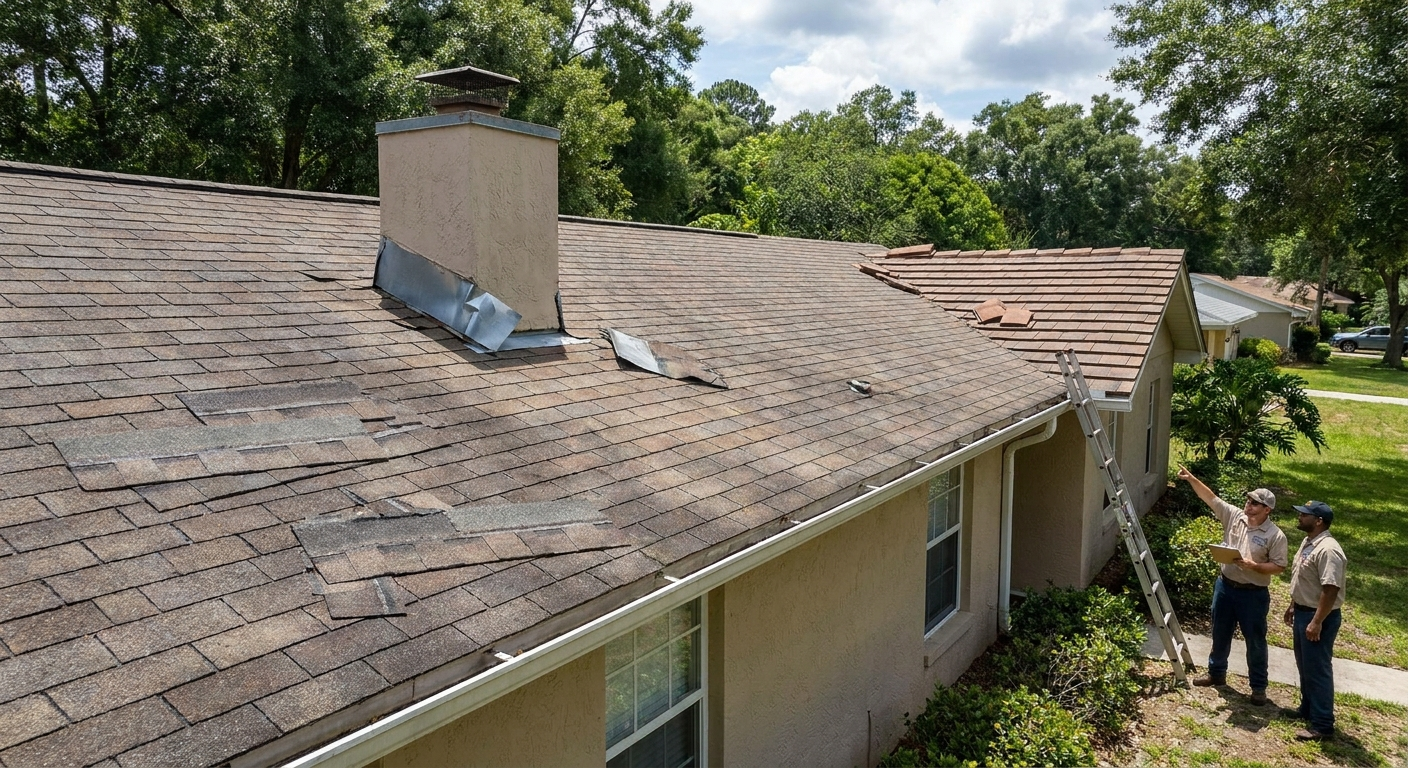 Wind damage on Gainesville roof with missing shingles and debris after storm
