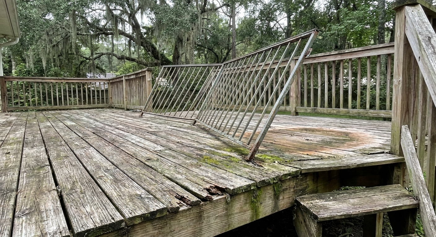 Unsafe Gainesville deck with loose railings and soft spots