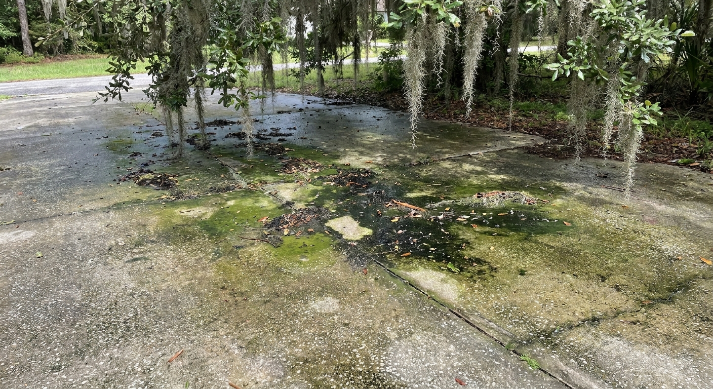 Algae regrowth on Florida driveways due to humidity, moisture, and porous concrete